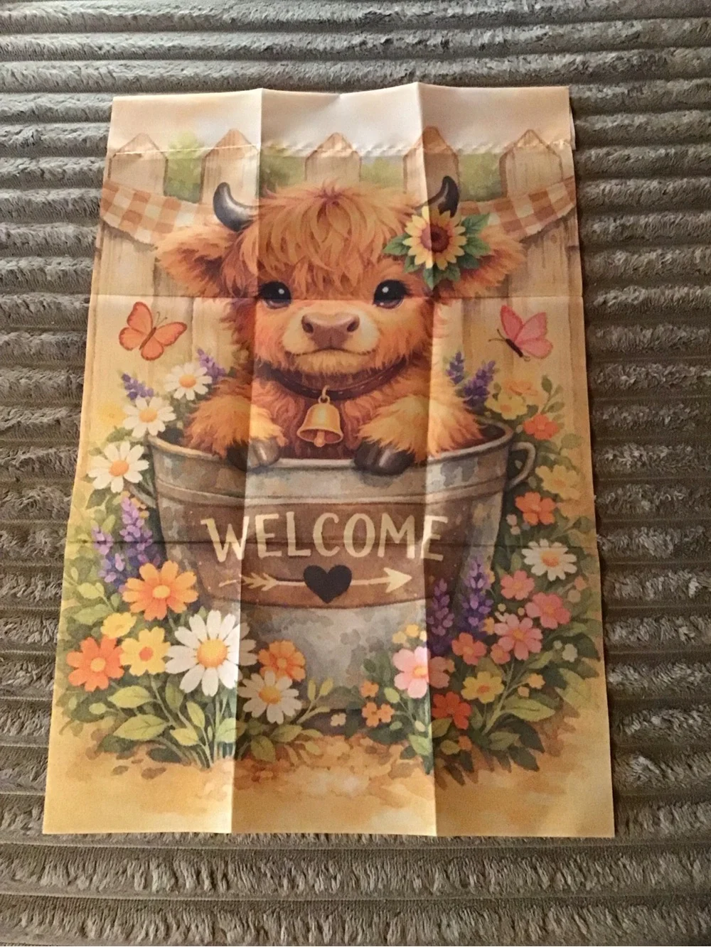 Welcome Highland Cow Floral mini garden flag- Cream and Brown
